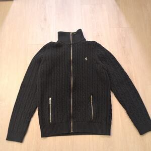 VTG Ralph Lauren Women Large Fisherman Knit Full Zip Sweater Gold Tone Old Money